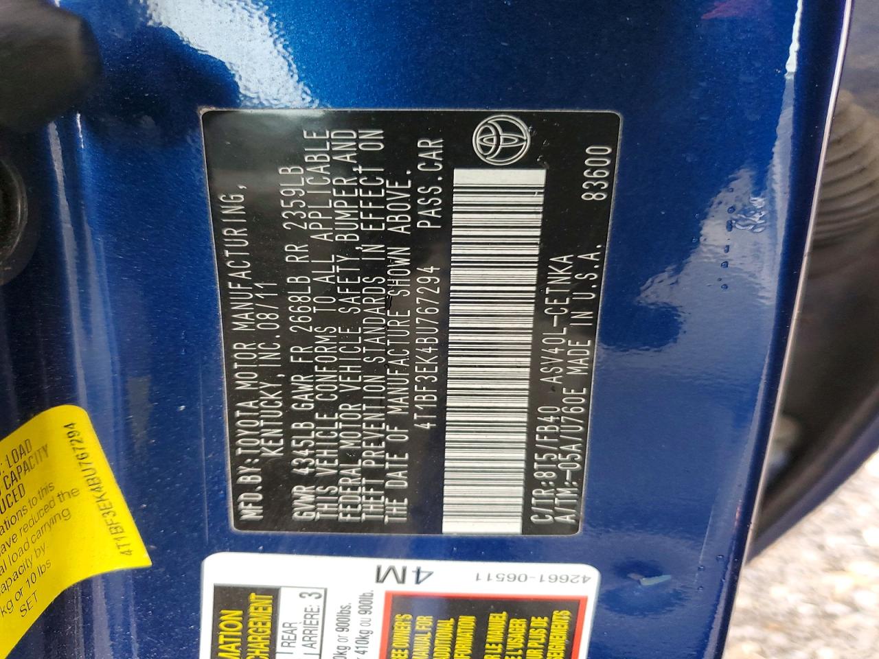 2011 TOYOTA CAMRY BASE photo 12