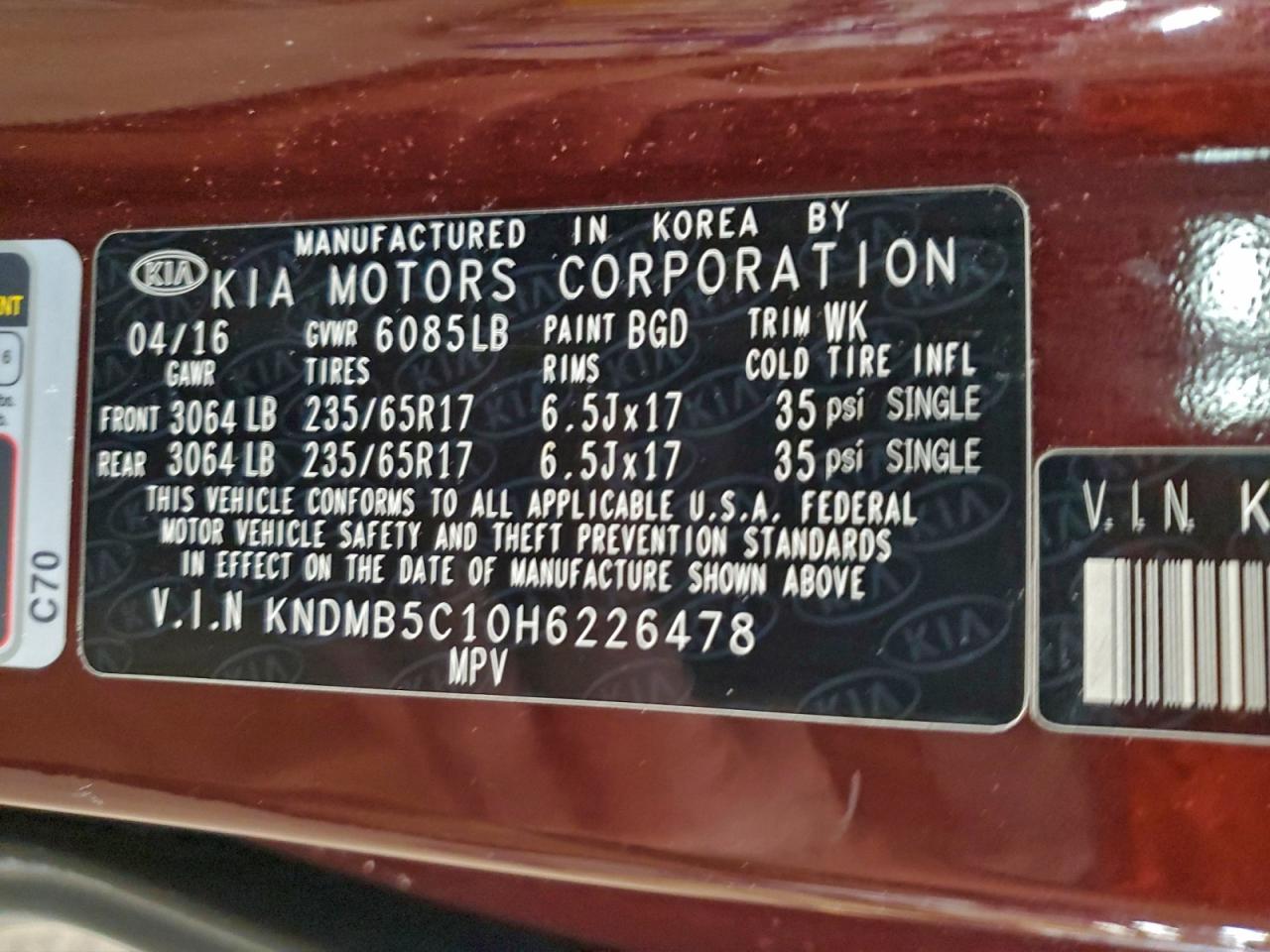 2017 KIA SEDONA LX photo 12