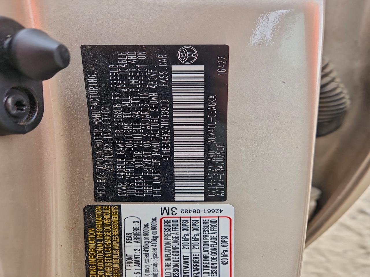 2007 TOYOTA CAMRY CE photo 12