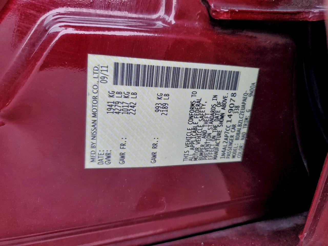 2012 NISSAN ALTIMA BASE photo 12