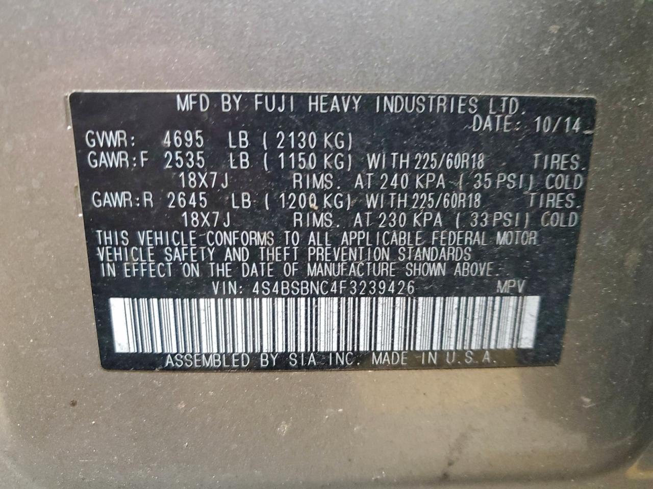 2015 SUBARU OUTBACK 2.5I LIMITED photo 13