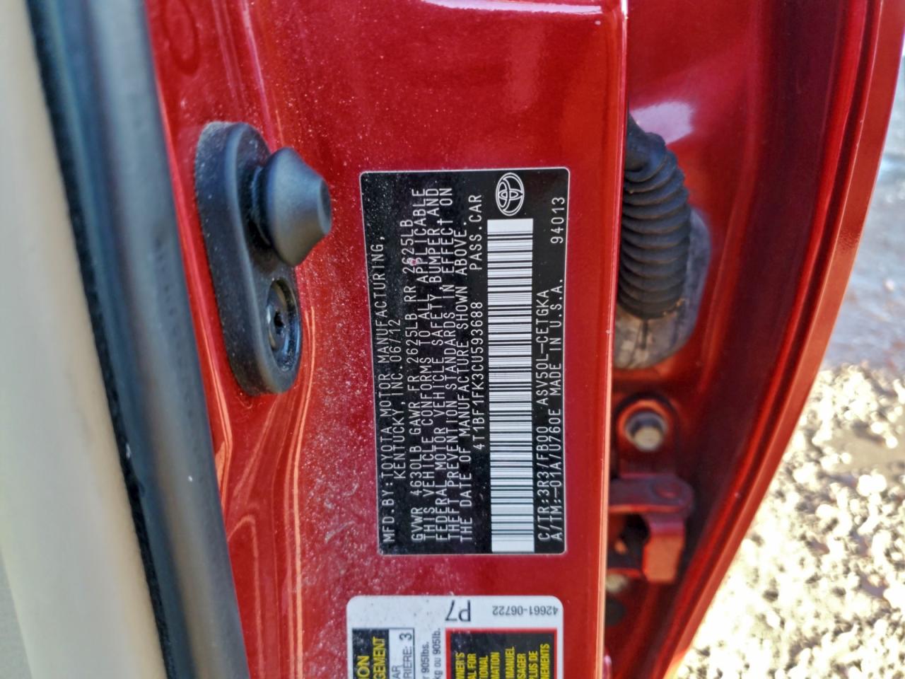 2012 TOYOTA CAMRY BASE photo 12