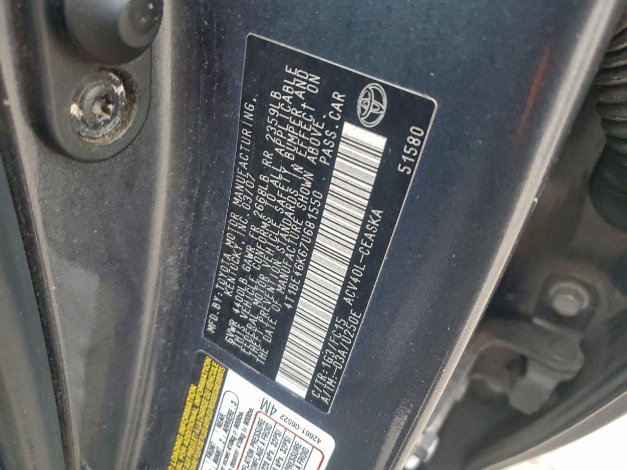 2007 TOYOTA CAMRY CE photo 12