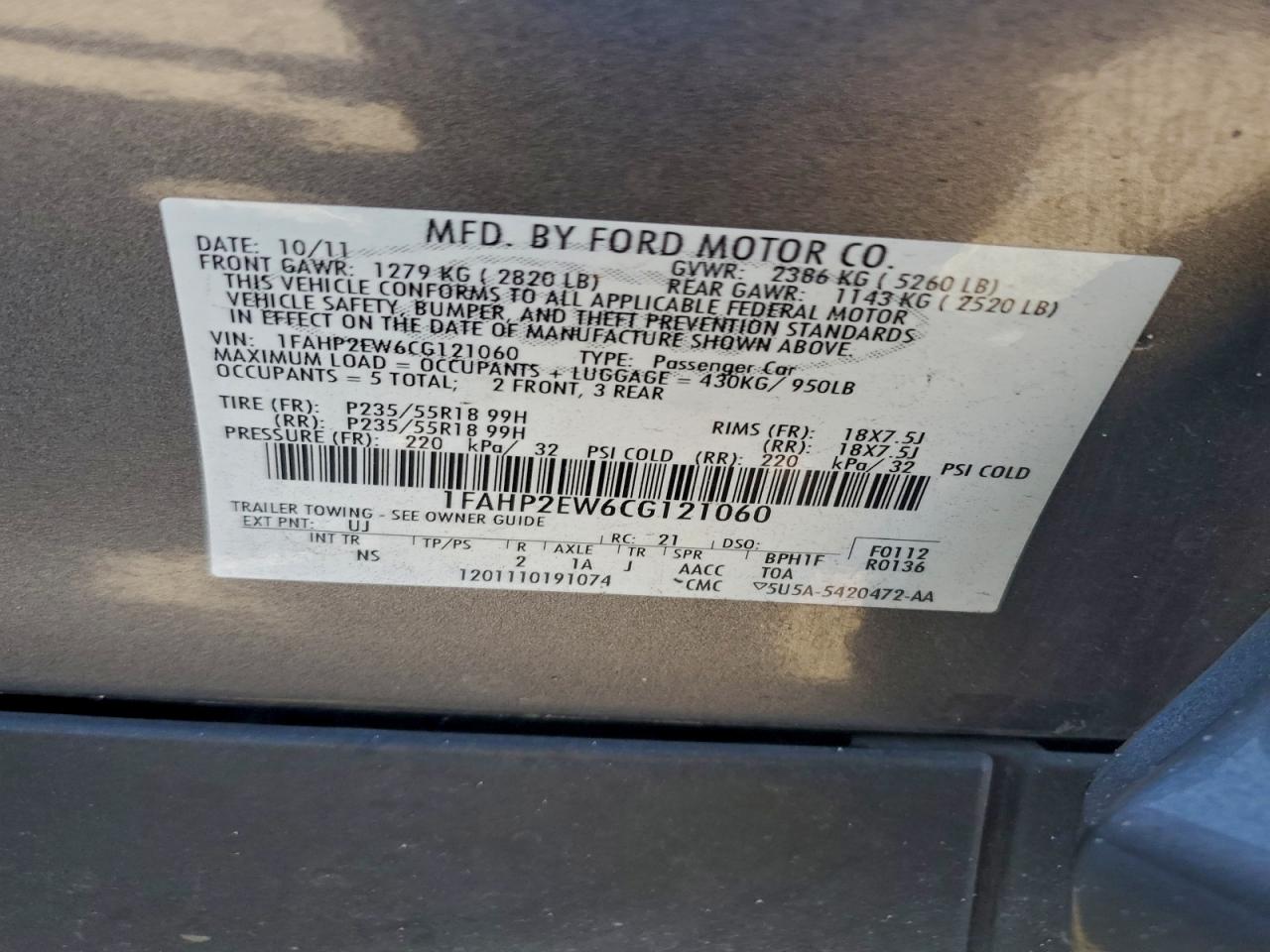 2012 FORD TAURUS SEL photo 12