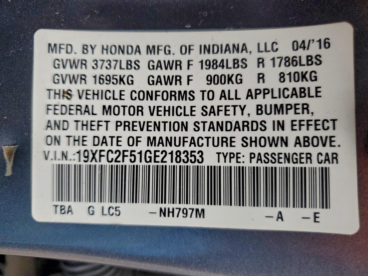2016 HONDA CIVIC LX photo 12