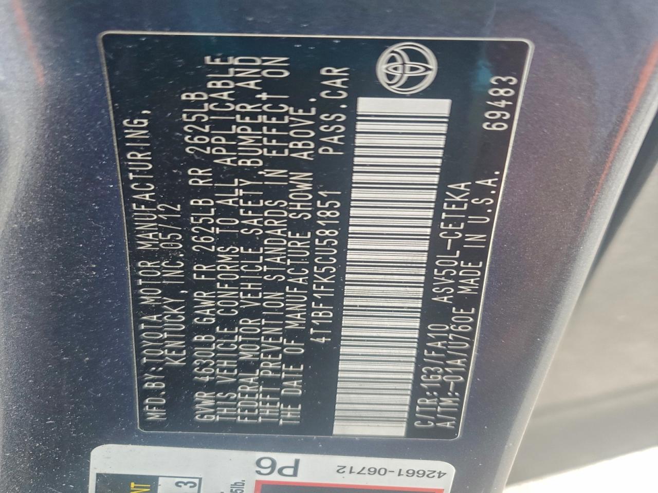 2012 TOYOTA CAMRY BASE photo 13