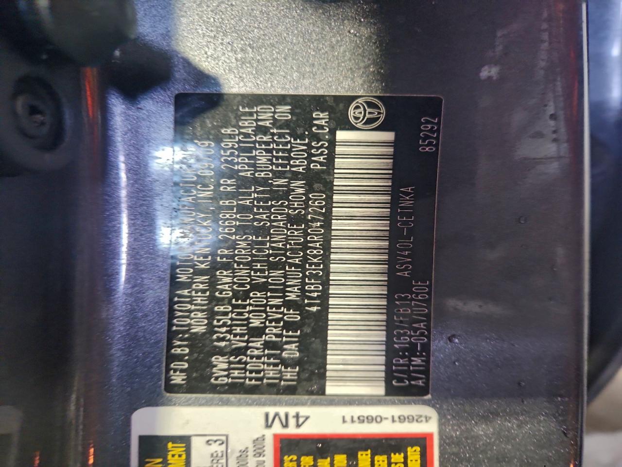 2010 TOYOTA CAMRY BASE photo 12