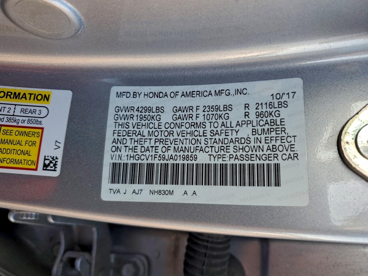 2018 HONDA ACCORD EXL photo 34