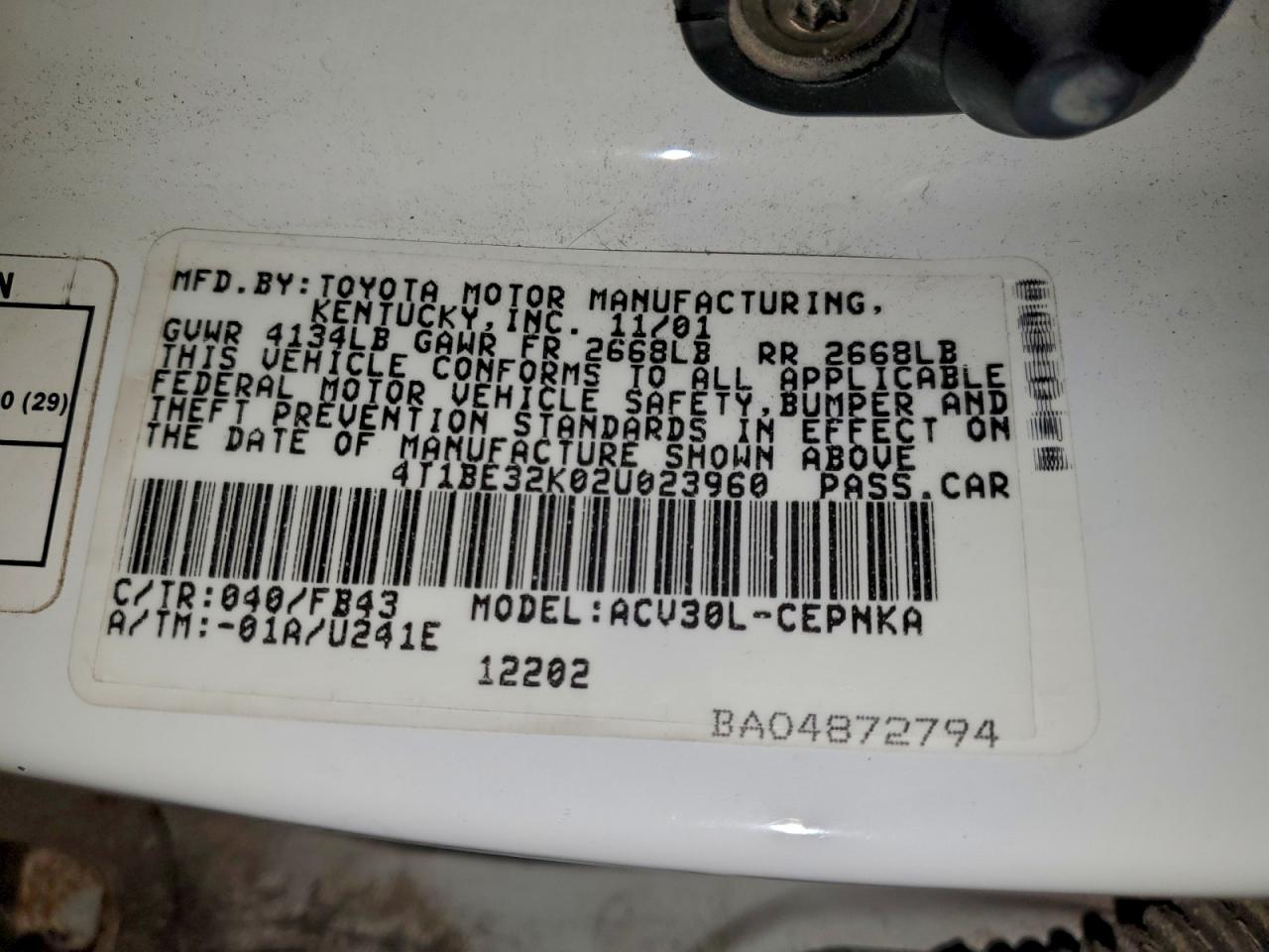 2002 TOYOTA CAMRY LE photo 12