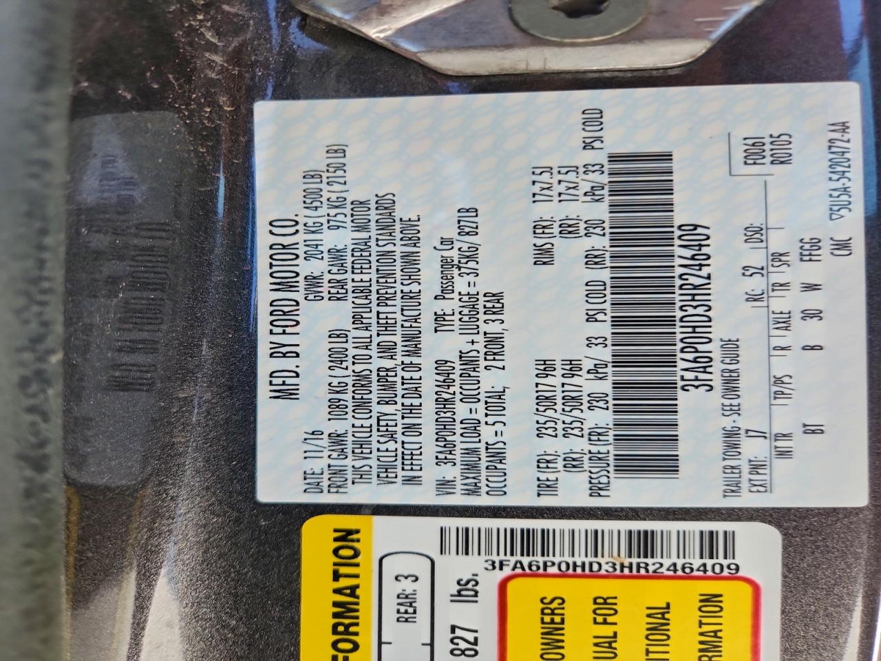 2017 FORD FUSION SE photo 12