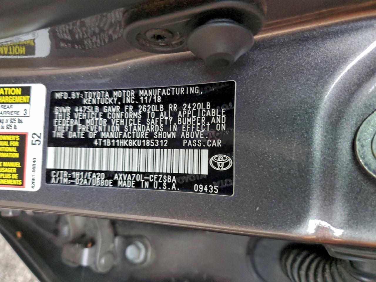 2019 TOYOTA CAMRY L photo 12