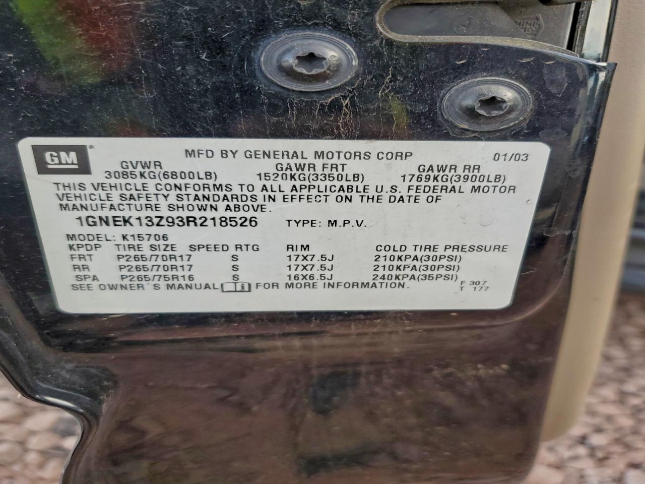 2003 CHEVROLET TAHOE K1500 photo 12