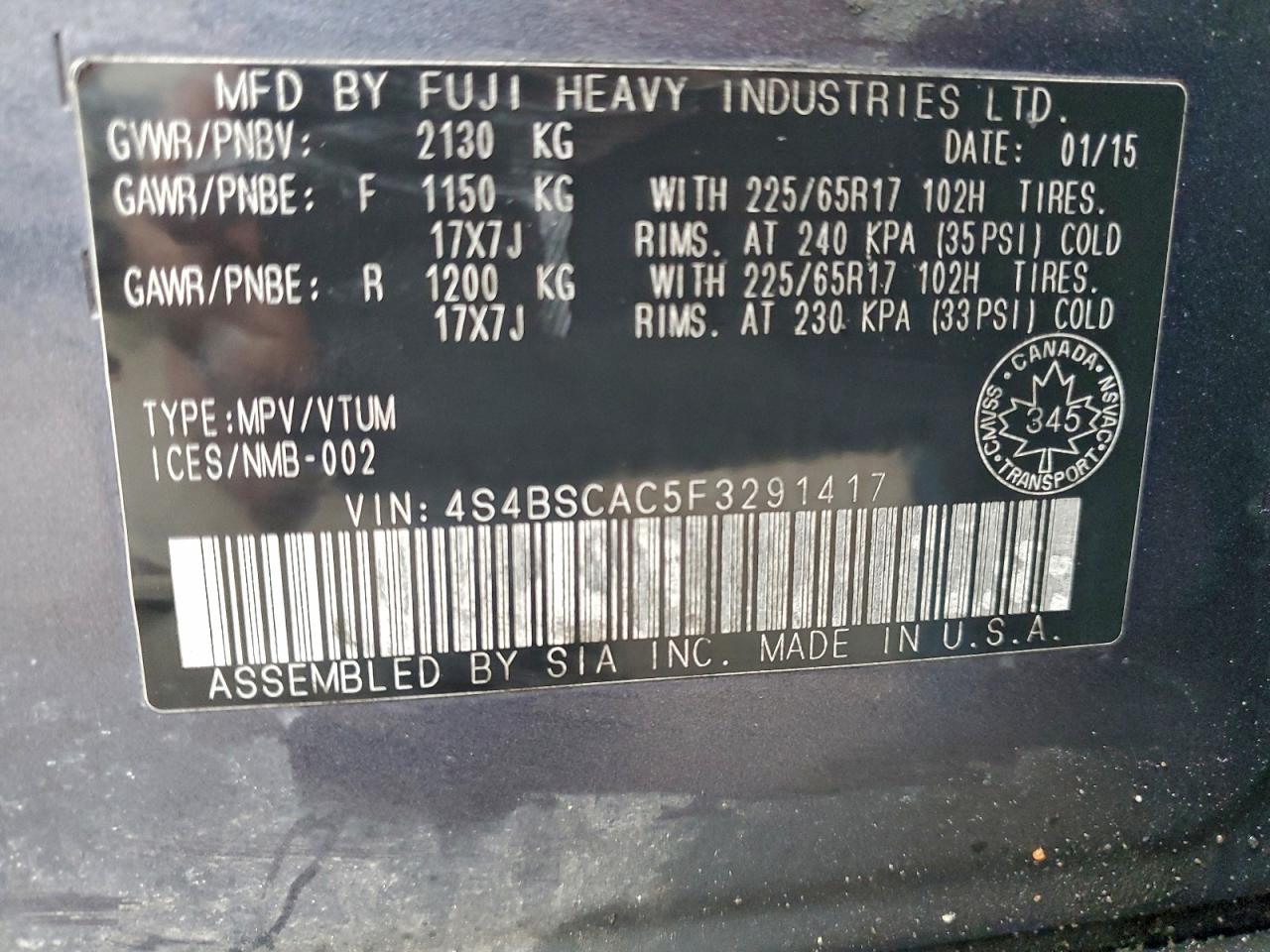 2015 SUBARU OUTBACK 2.5I photo 25