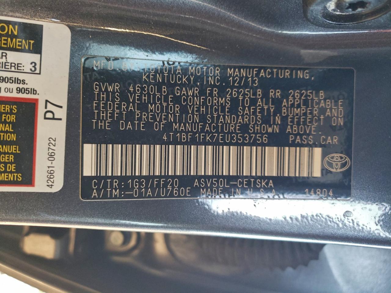 2014 TOYOTA CAMRY L photo 12