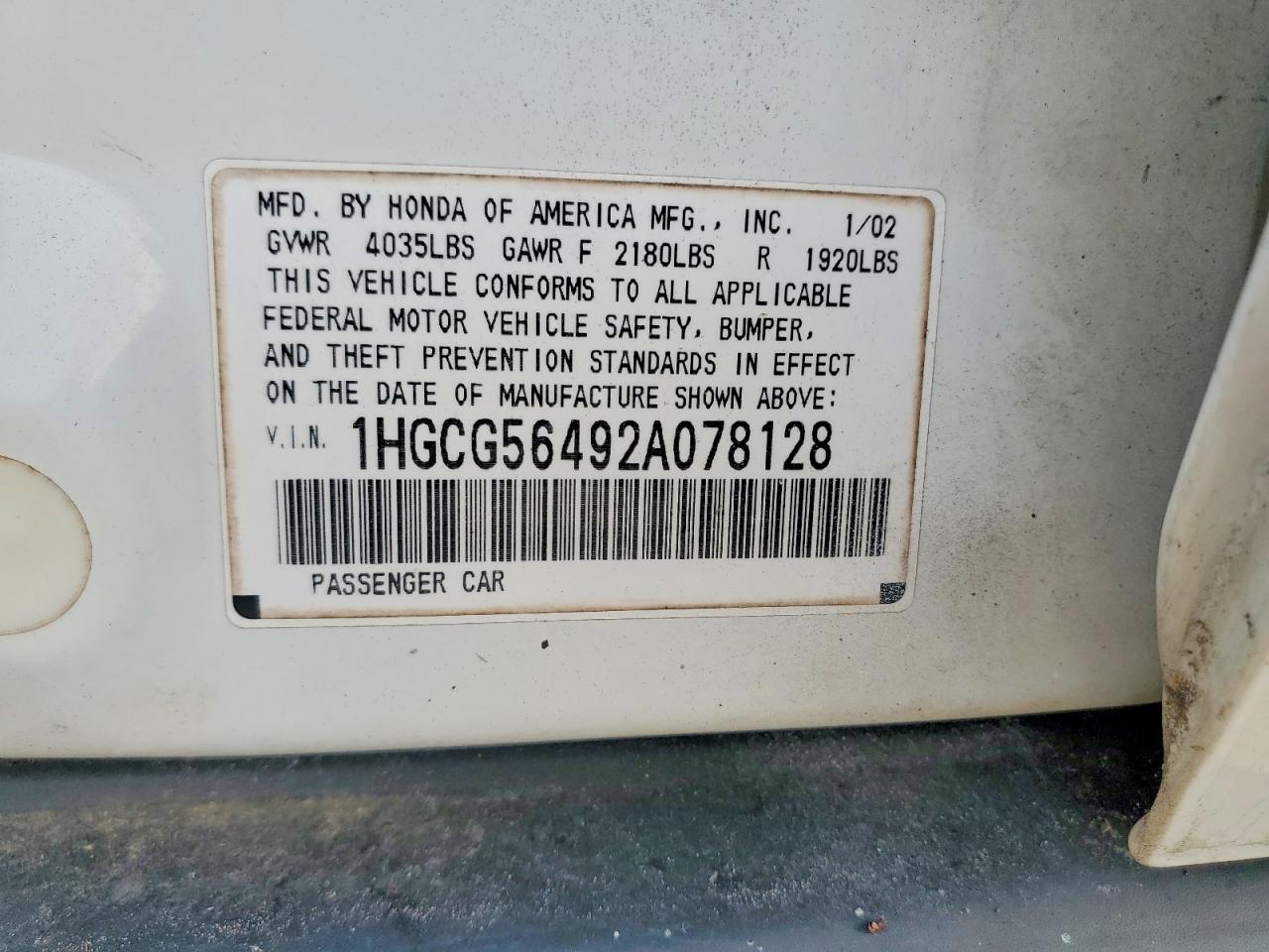 2002 HONDA ACCORD LX photo 12
