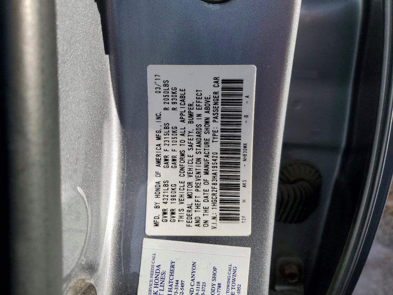 2017 HONDA ACCORD EXL photo 12