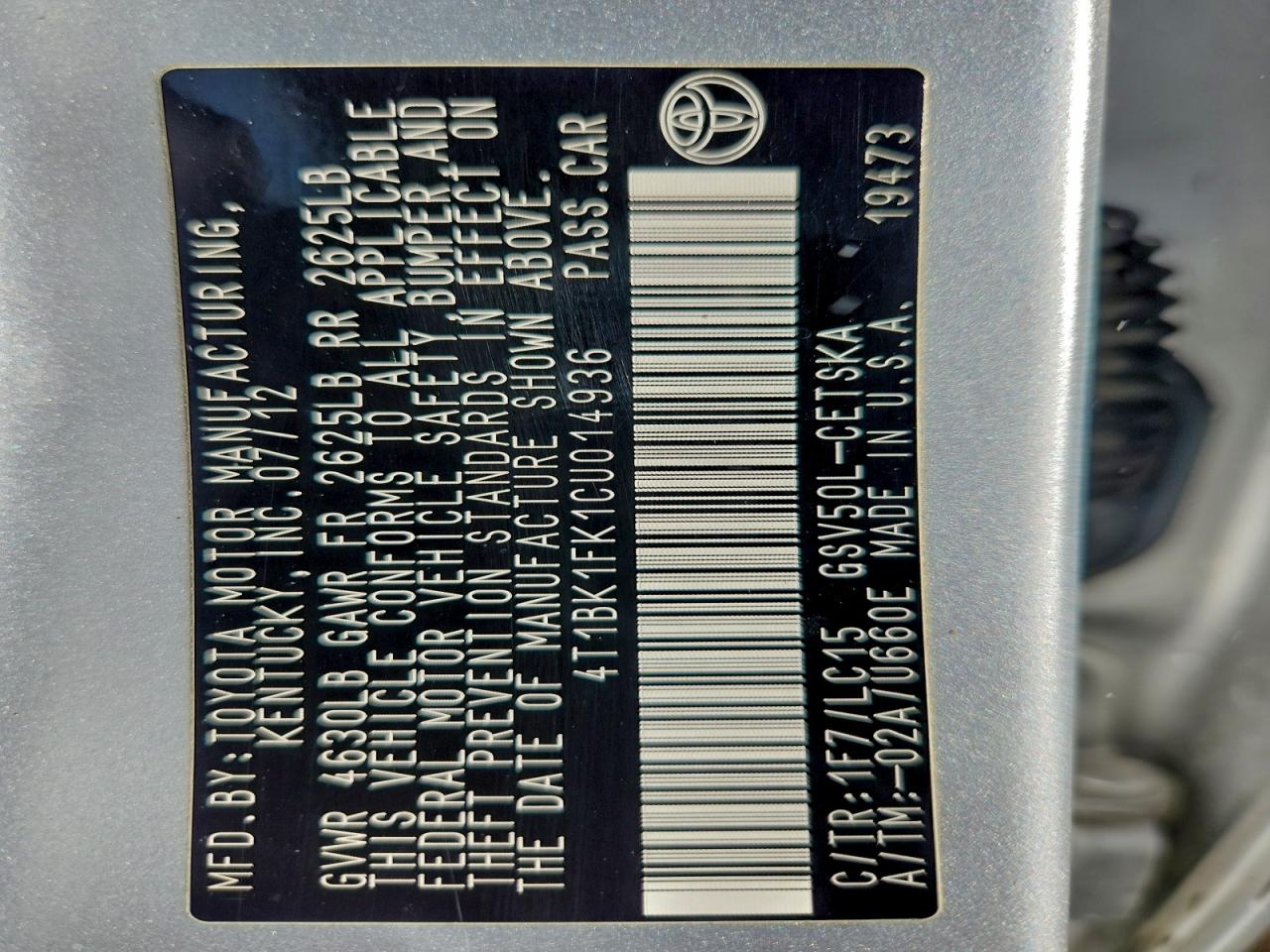 2012 TOYOTA CAMRY SE photo 12