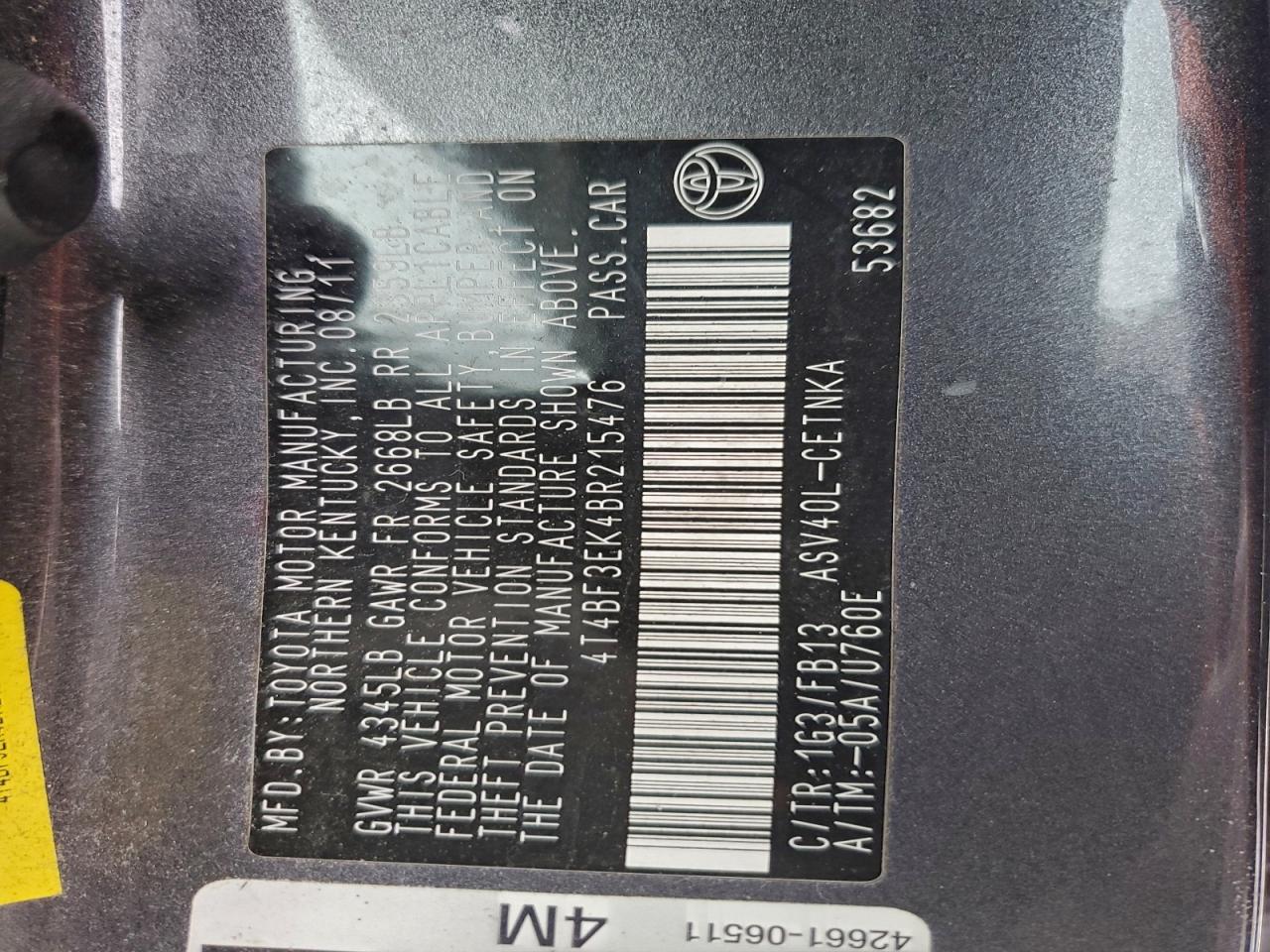 2011 TOYOTA CAMRY BASE photo 12