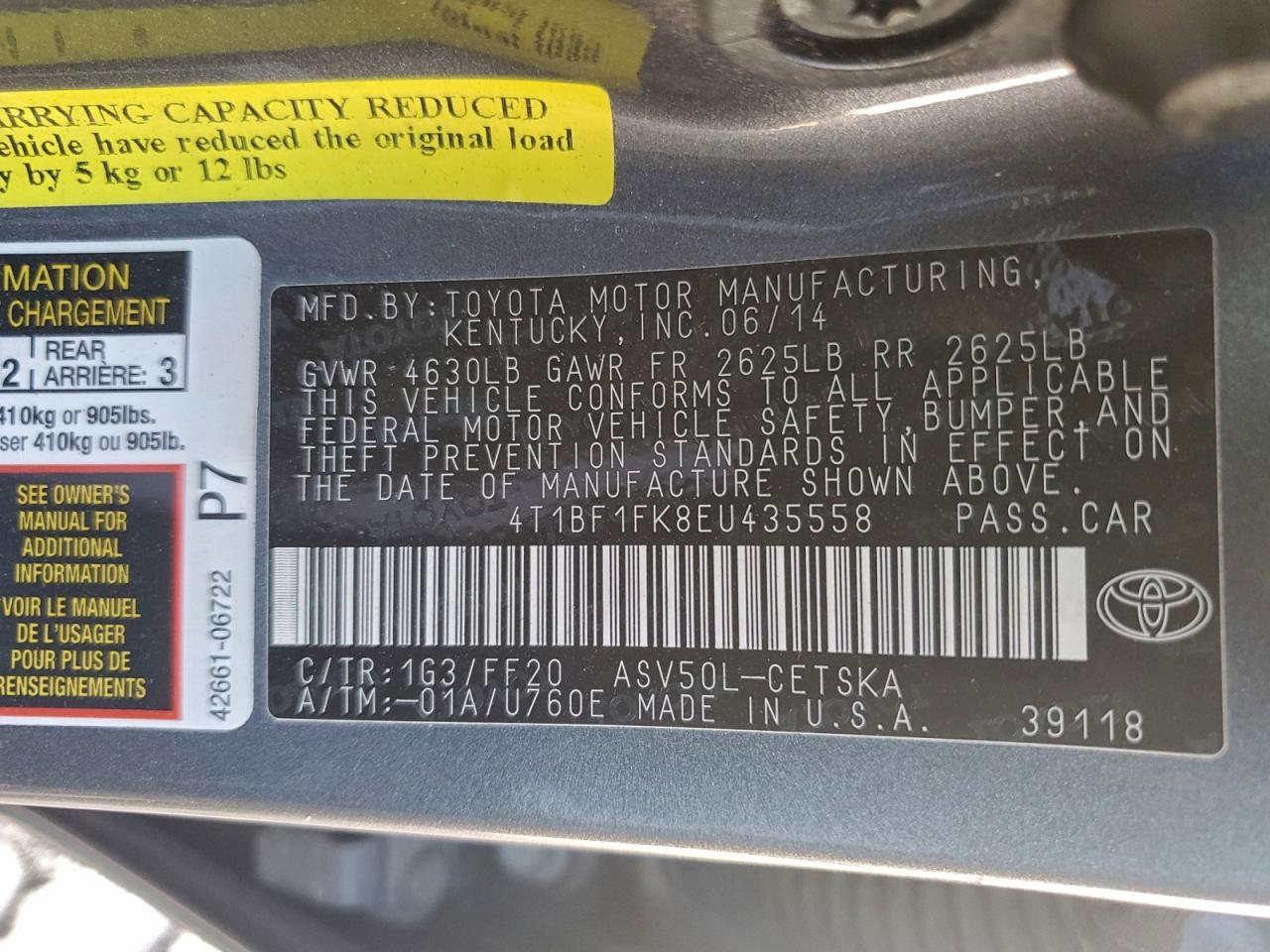 2014 TOYOTA CAMRY L photo 12