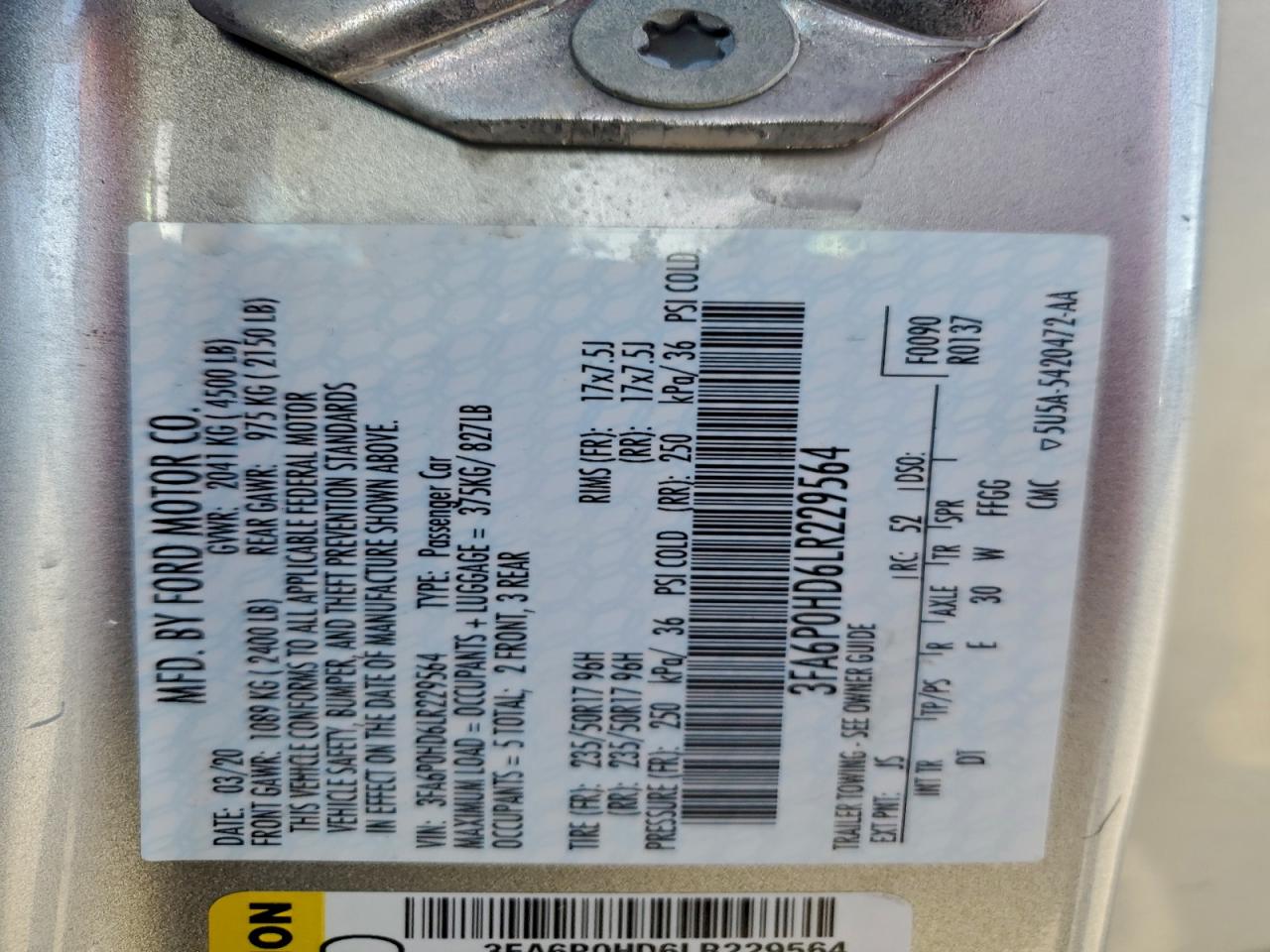 2020 FORD FUSION SE photo 12