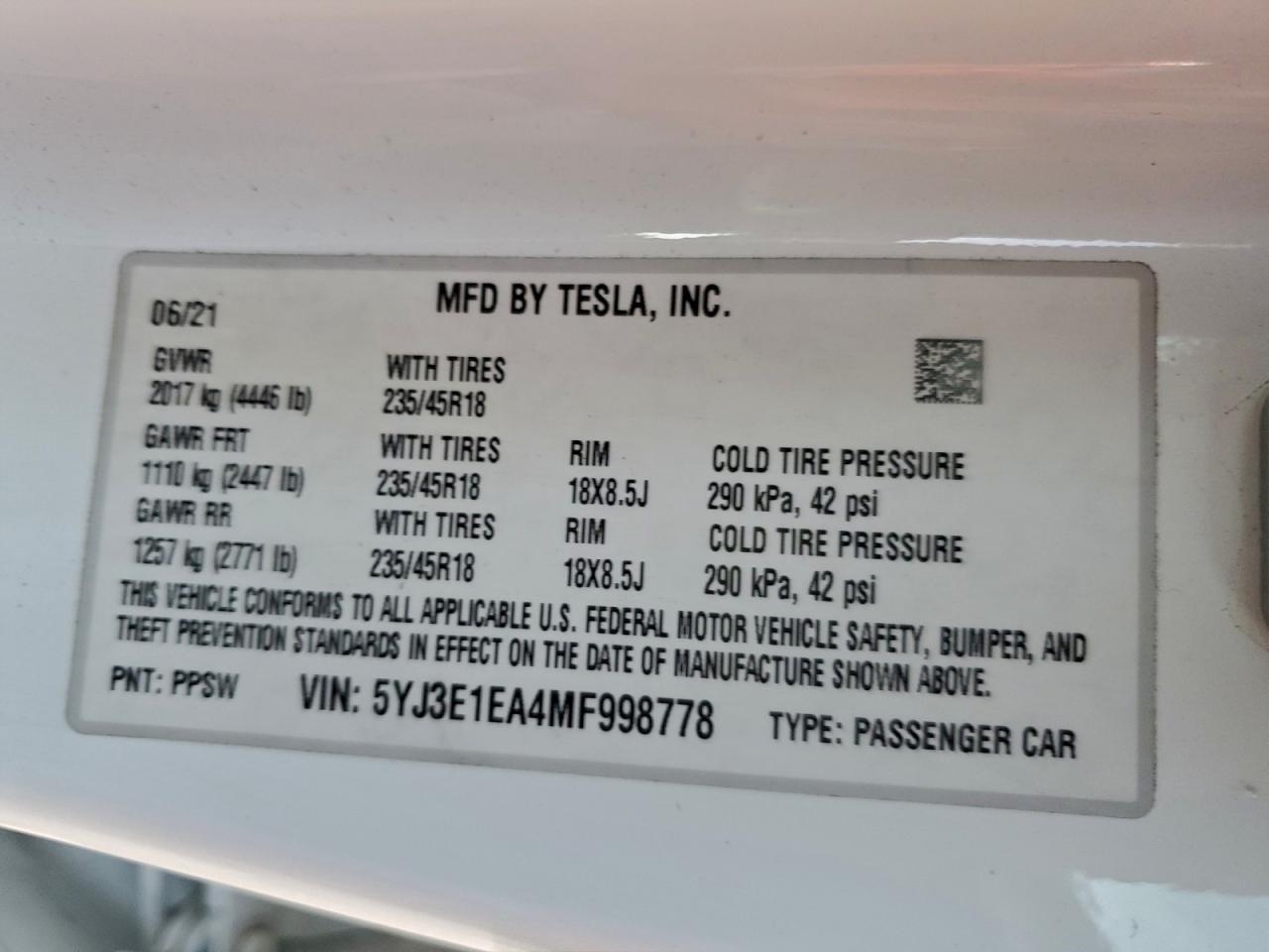 2021 TESLA MODEL 3 photo 12