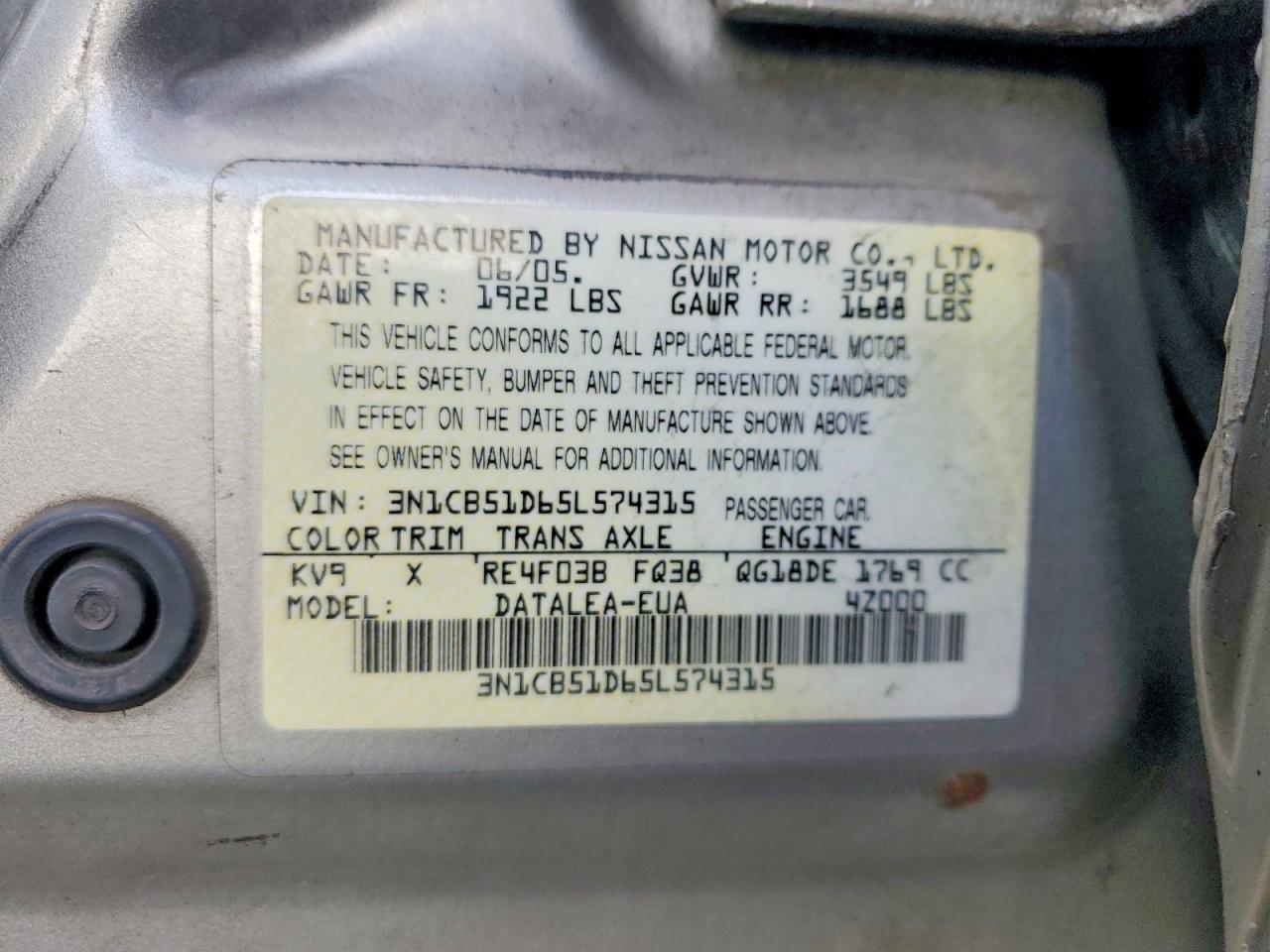 2005 NISSAN SENTRA 1.8 photo 12