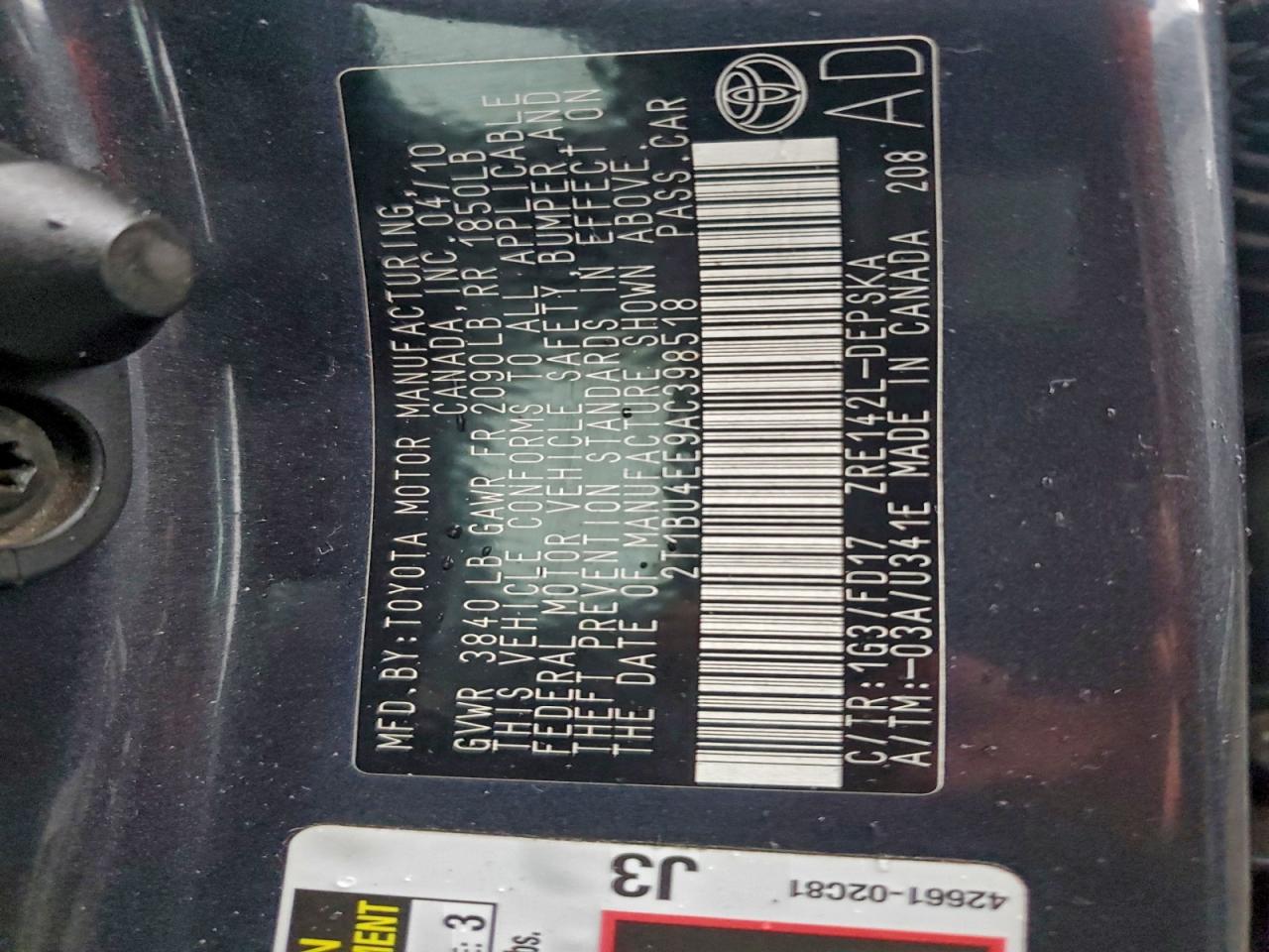 2010 TOYOTA COROLLA BASE photo 12