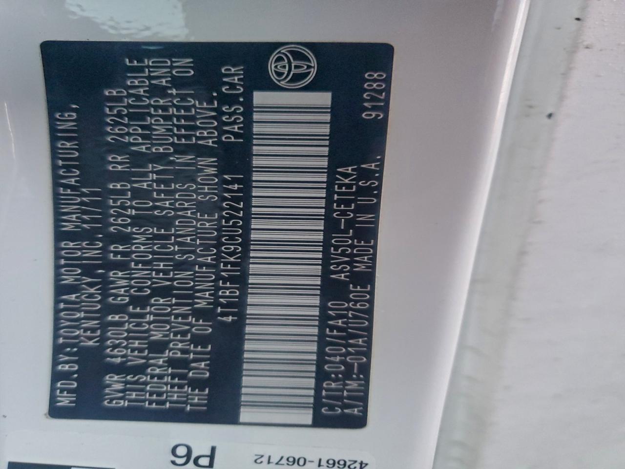 2012 TOYOTA CAMRY BASE photo 12