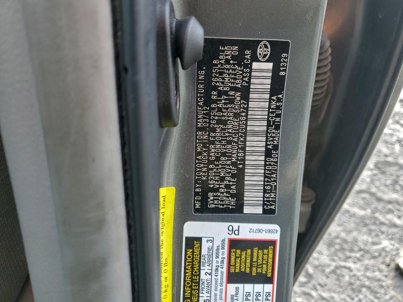 2012 TOYOTA CAMRY BASE photo 12