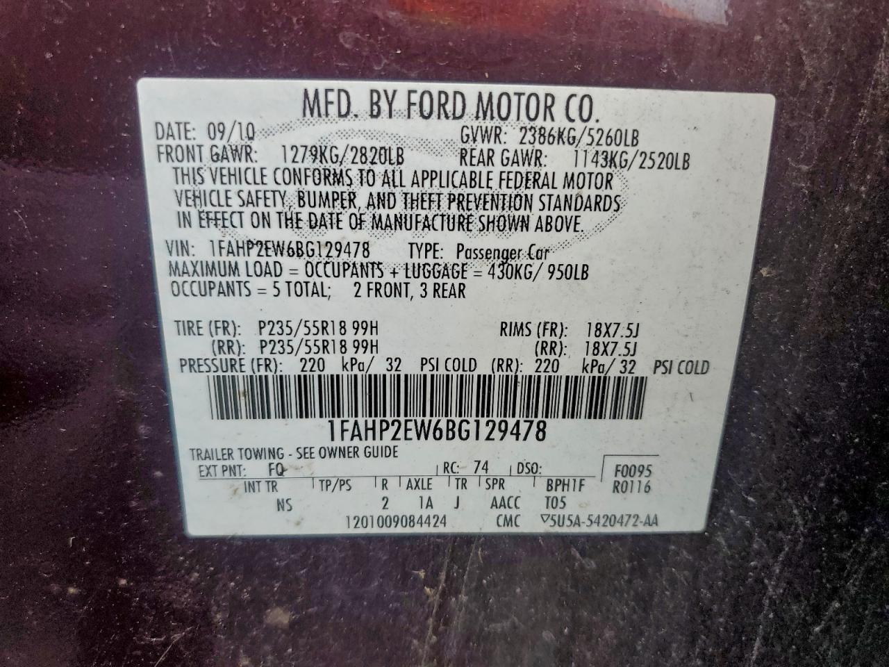 2011 FORD TAURUS SEL photo 12