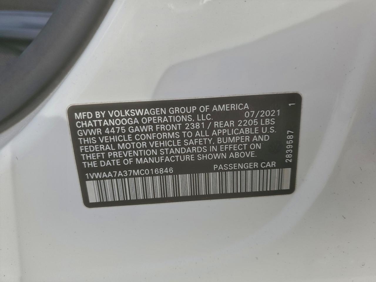 2021 VOLKSWAGEN PASSAT S photo 12