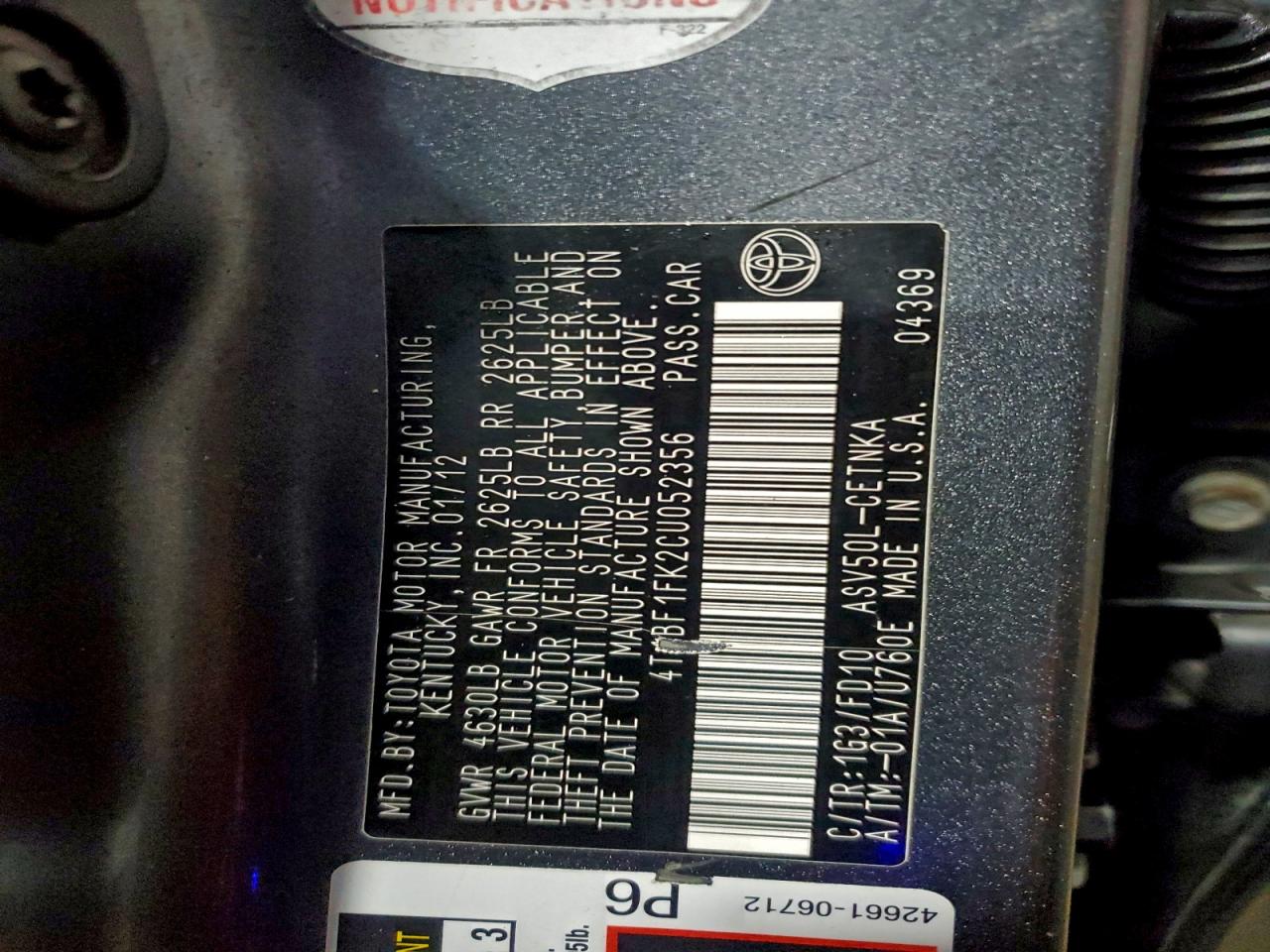 2012 TOYOTA CAMRY BASE photo 12