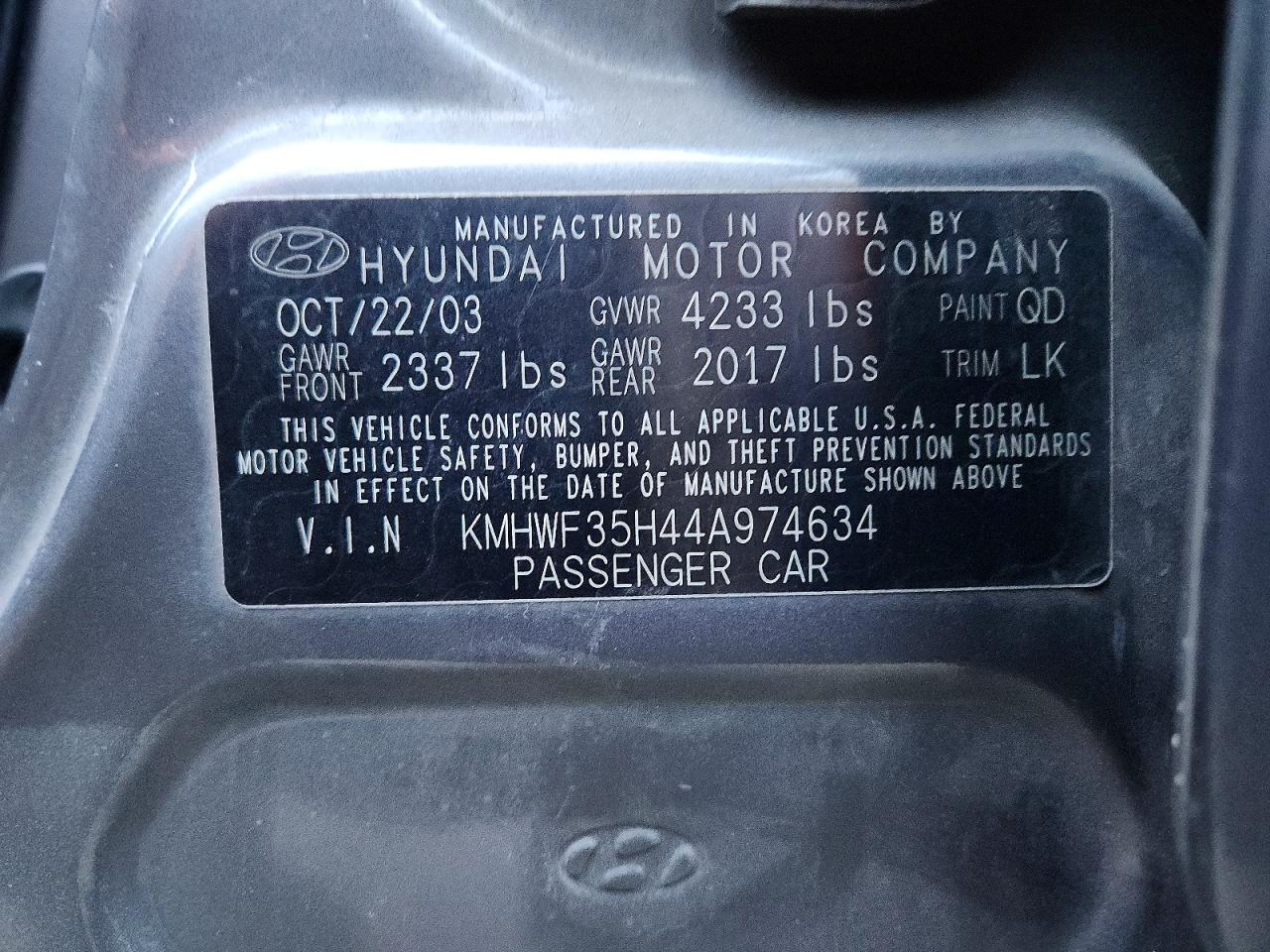2004 HYUNDAI SONATA GLS photo 13
