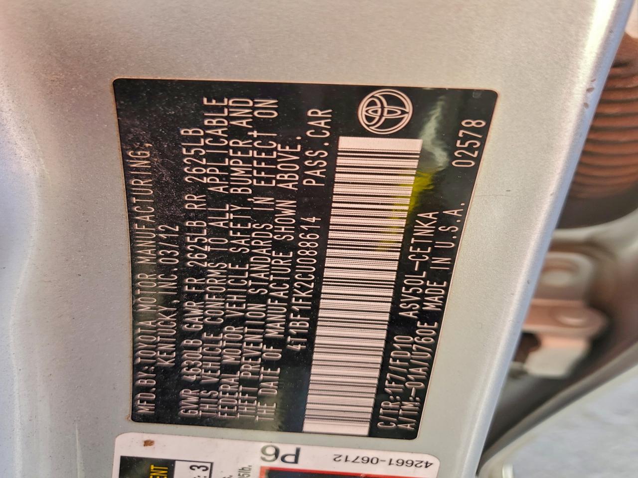2012 TOYOTA CAMRY BASE photo 12