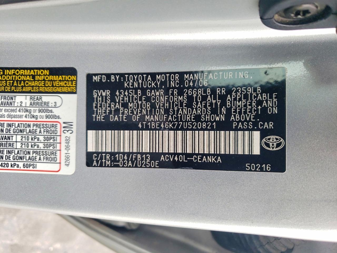 2007 TOYOTA CAMRY CE photo 23
