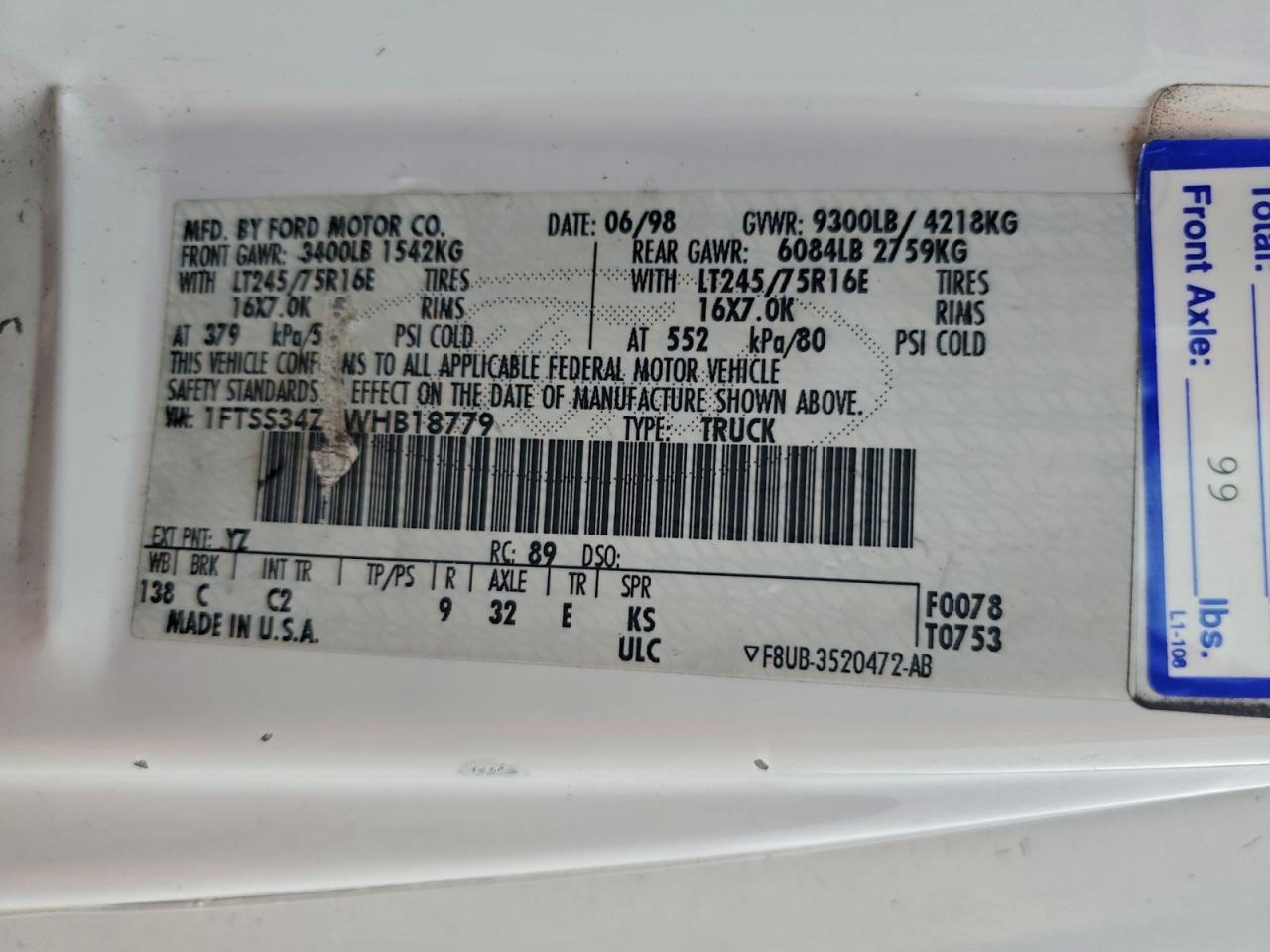 1998 FORD ECONOLINE E350 SUPER DUTY VAN photo 13