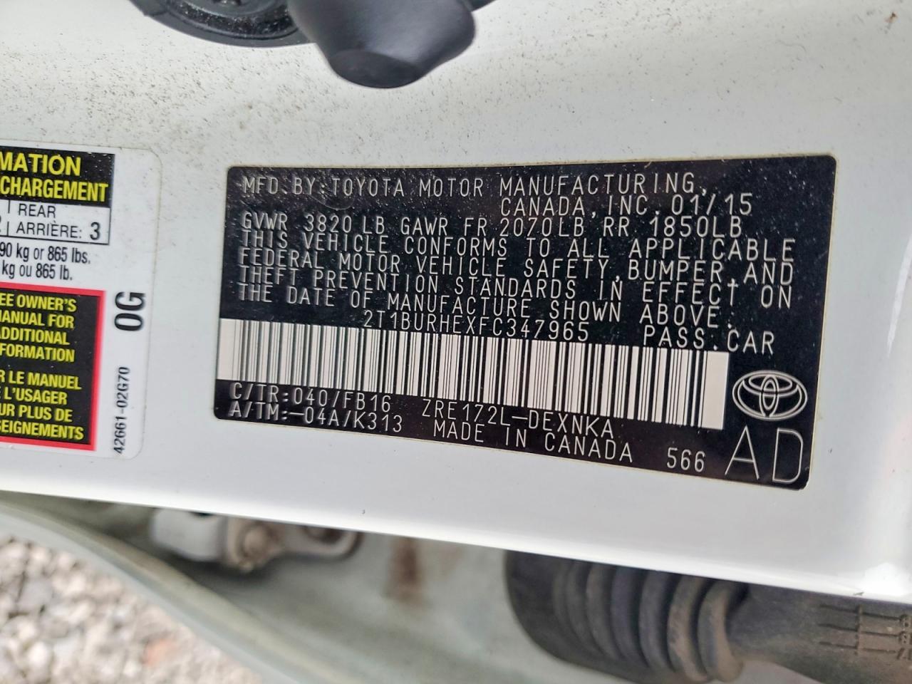 2015 TOYOTA COROLLA L photo 12