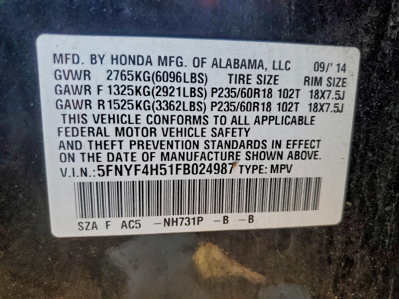 2015 HONDA PILOT EXL photo 13