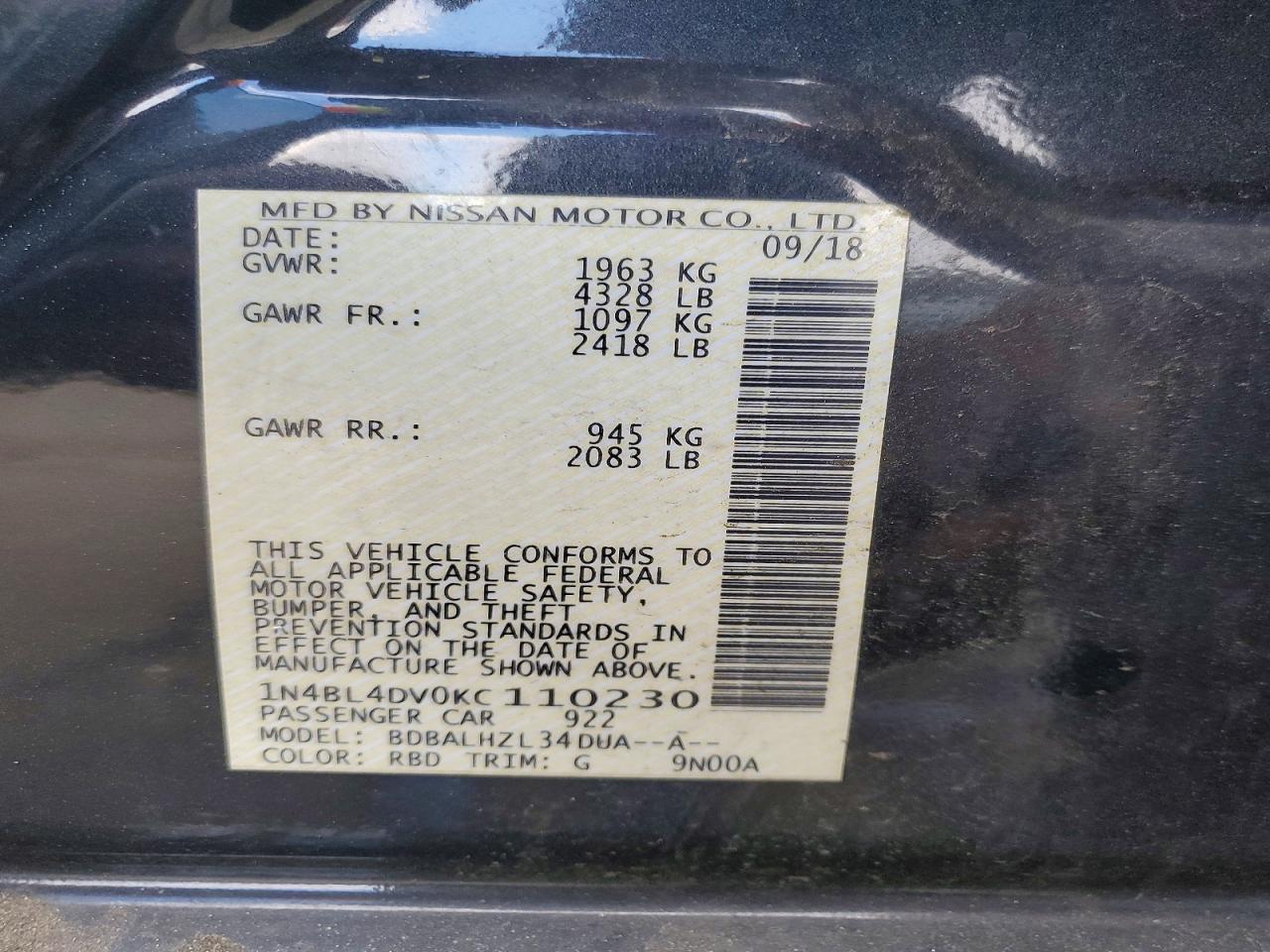 2019 NISSAN ALTIMA SV photo 13