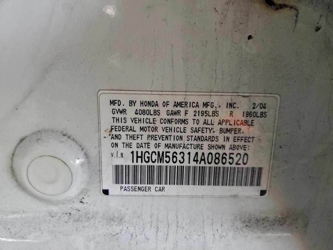 2004 HONDA ACCORD LX photo 12