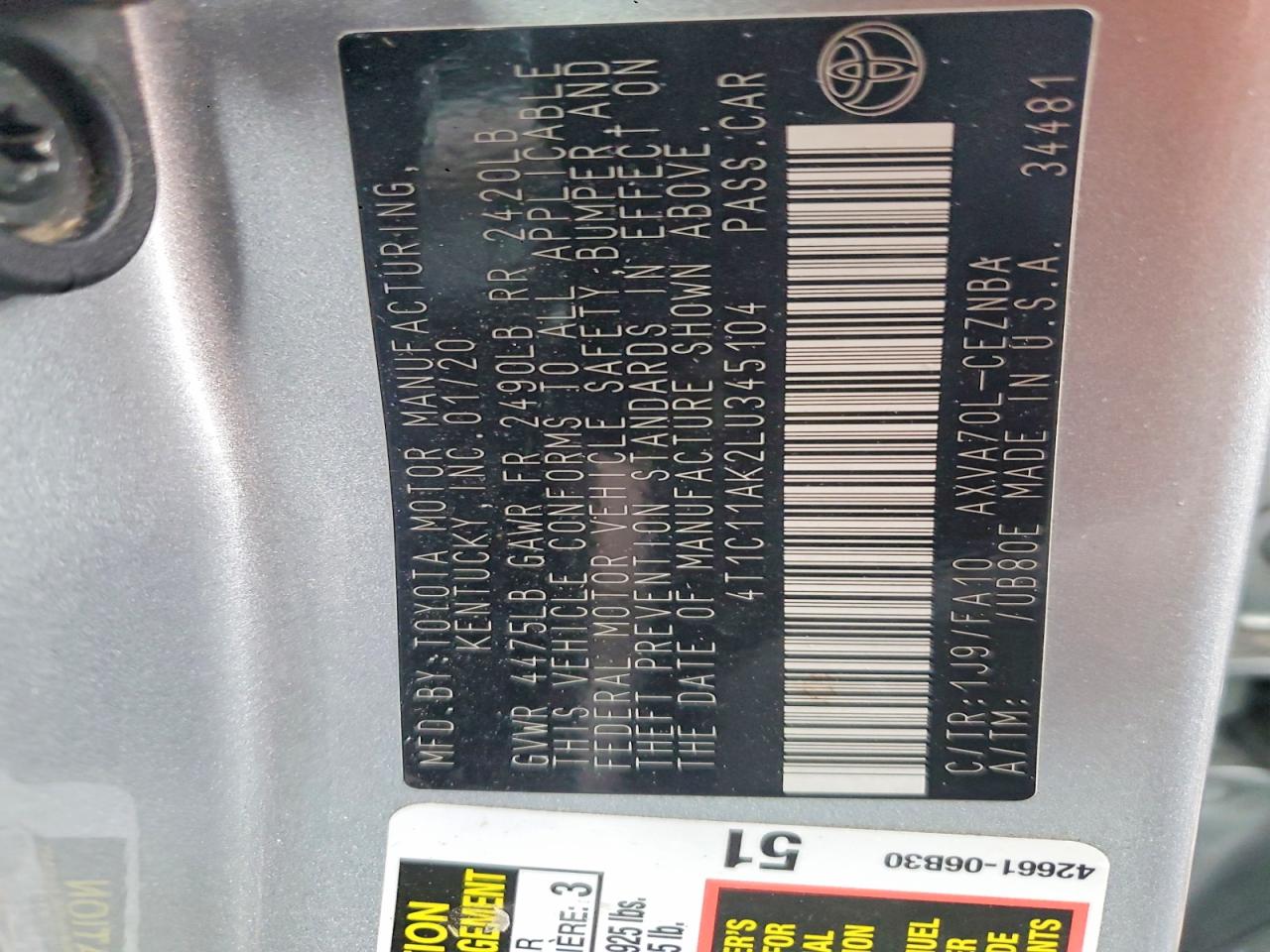2020 TOYOTA CAMRY LE photo 12