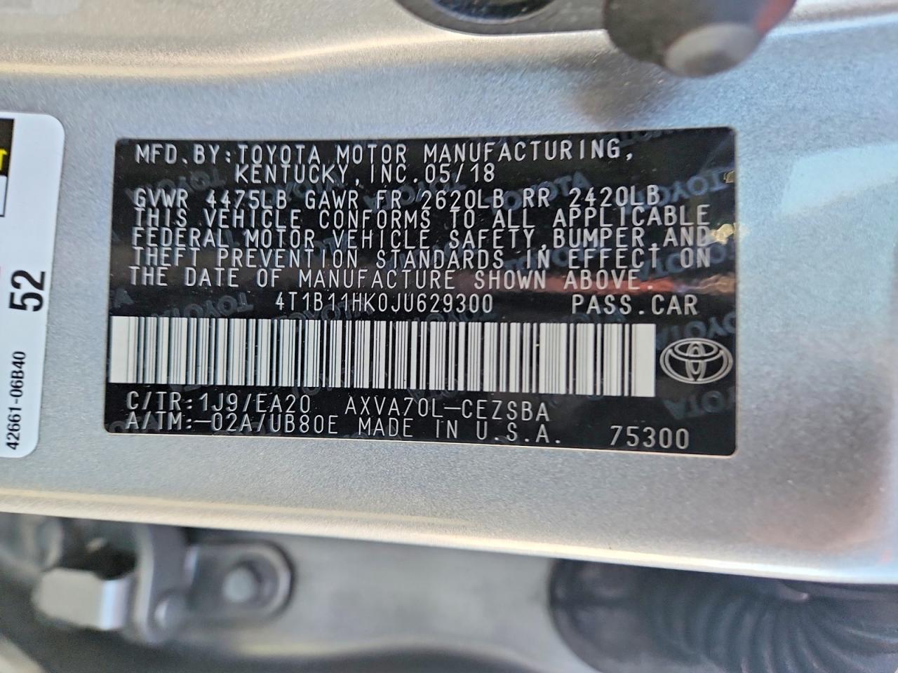 2018 TOYOTA CAMRY L photo 12