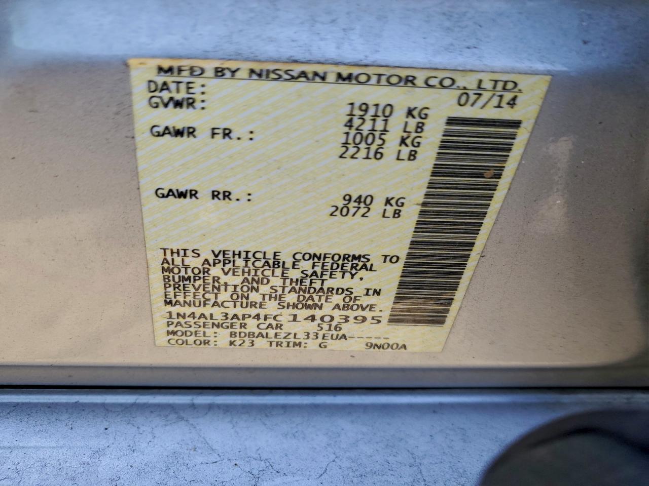 2015 NISSAN ALTIMA 2.5 photo 13