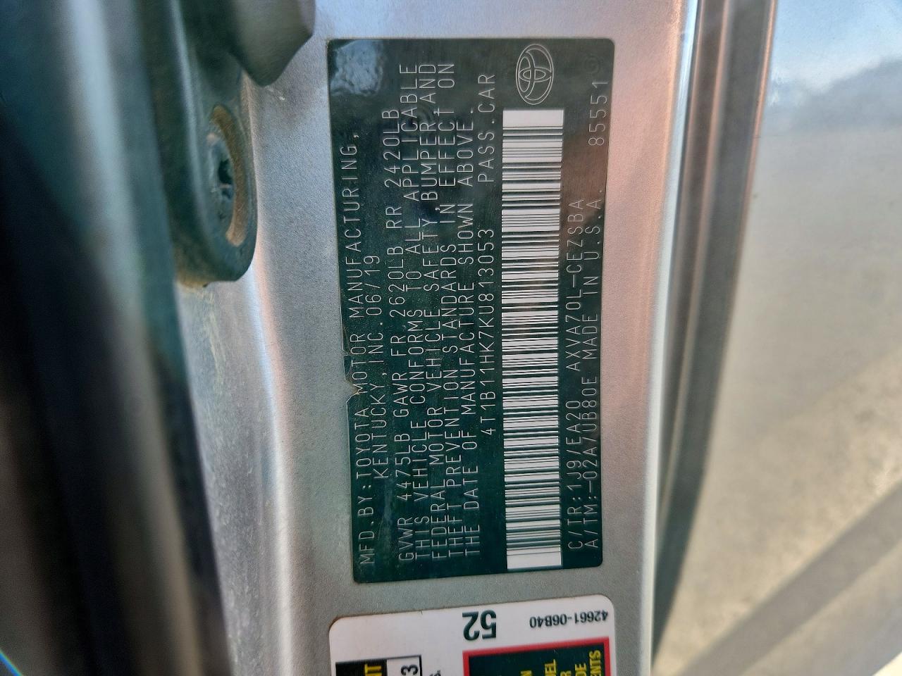 2019 TOYOTA CAMRY L photo 13