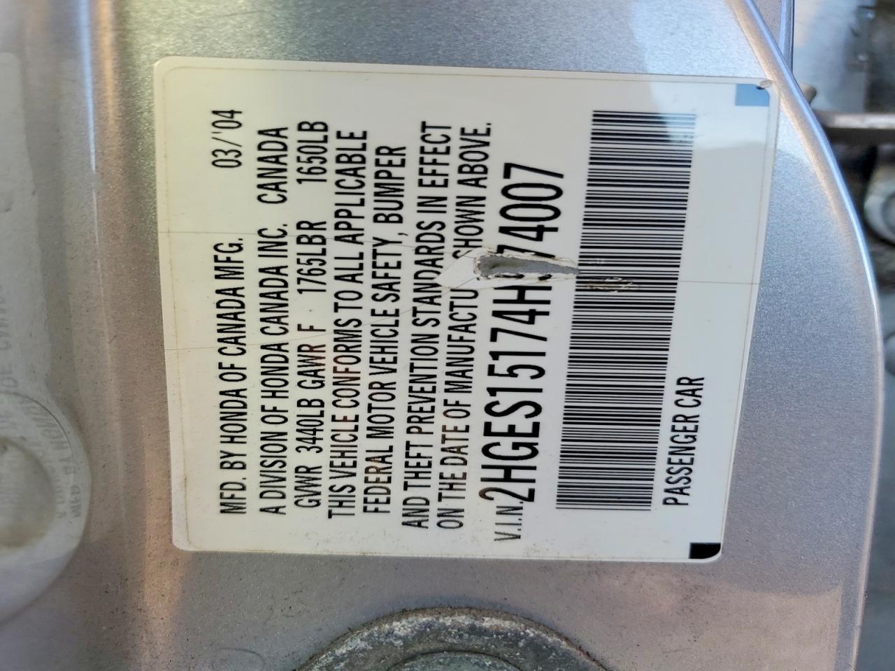 2004 HONDA CIVIC DX photo 12