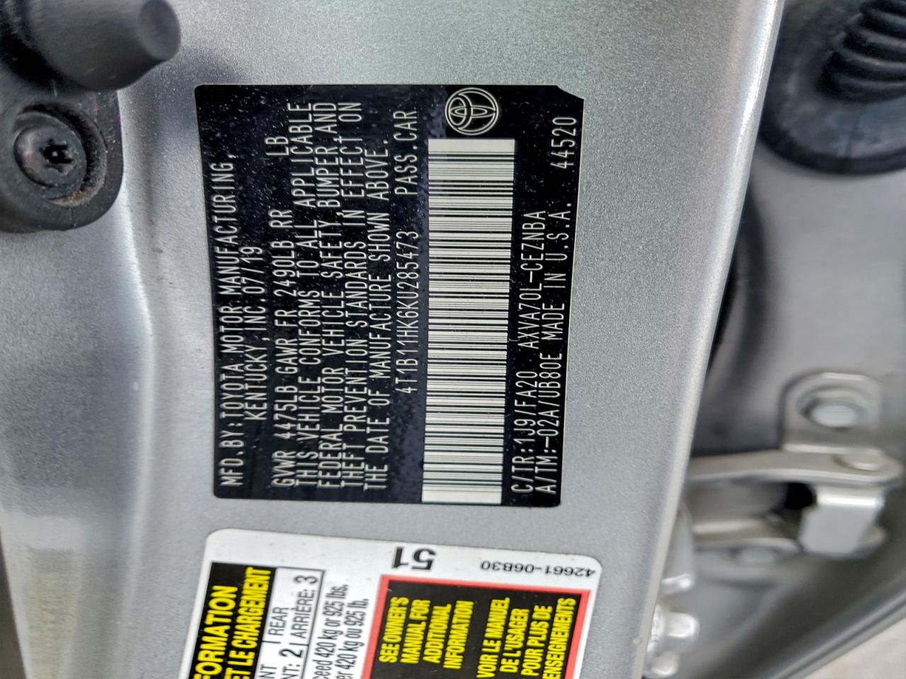 2019 TOYOTA CAMRY L photo 12