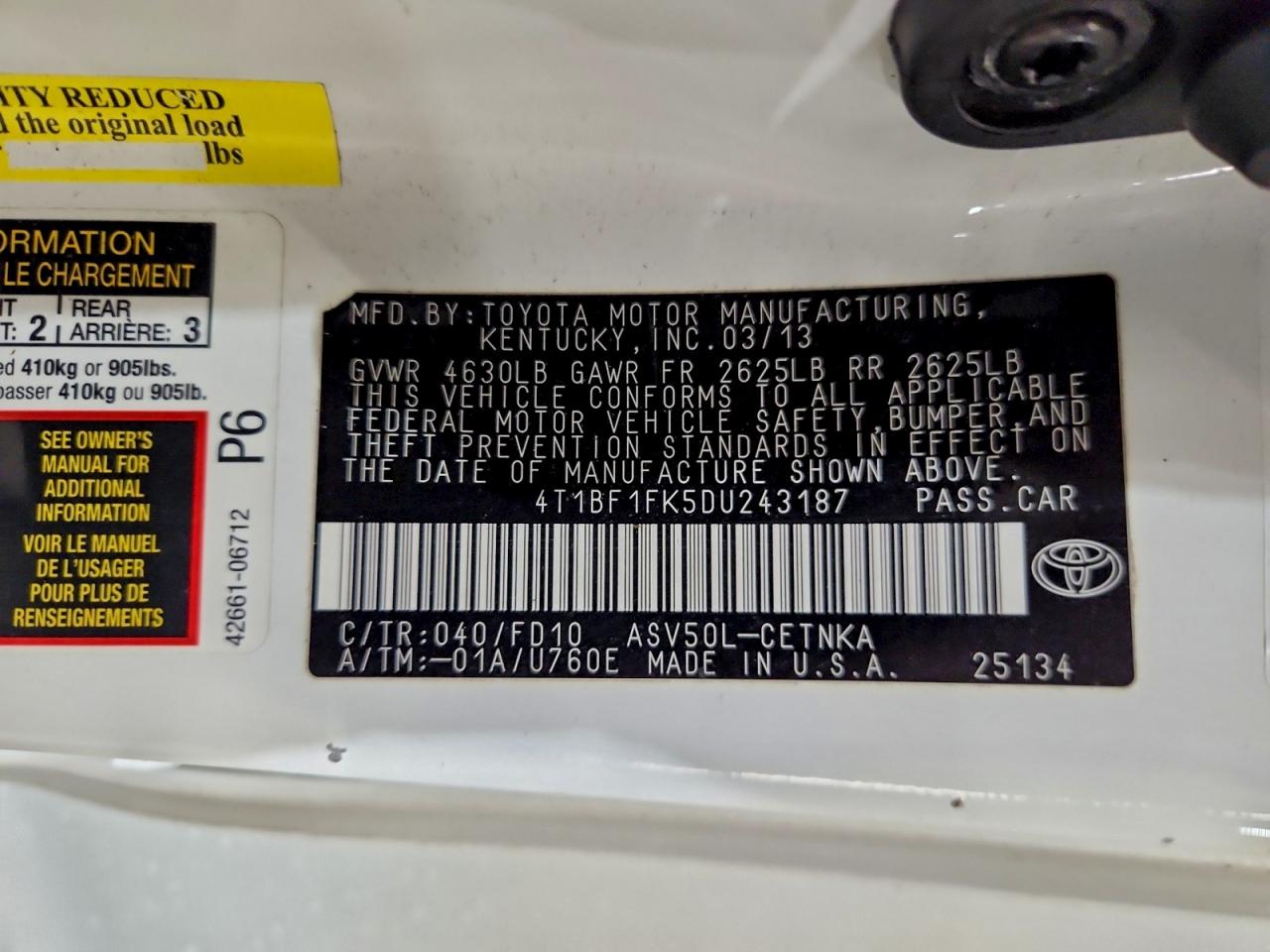 2013 TOYOTA CAMRY L photo 13