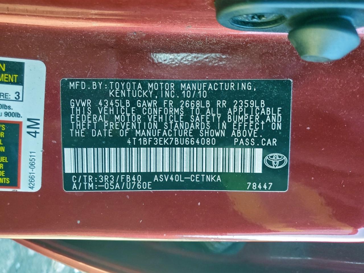 2011 TOYOTA CAMRY BASE photo 13