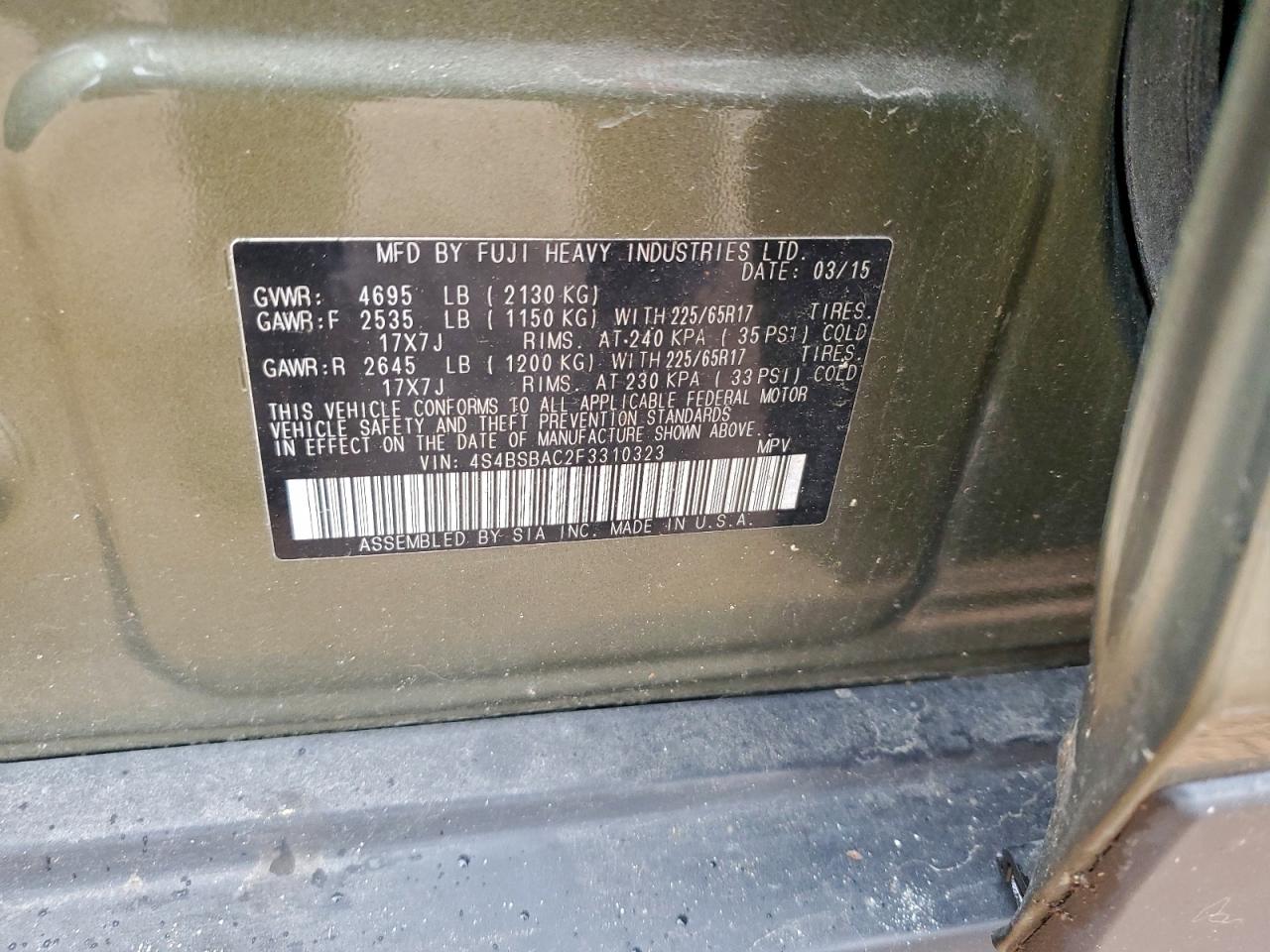 2015 SUBARU OUTBACK 2.5I photo 12