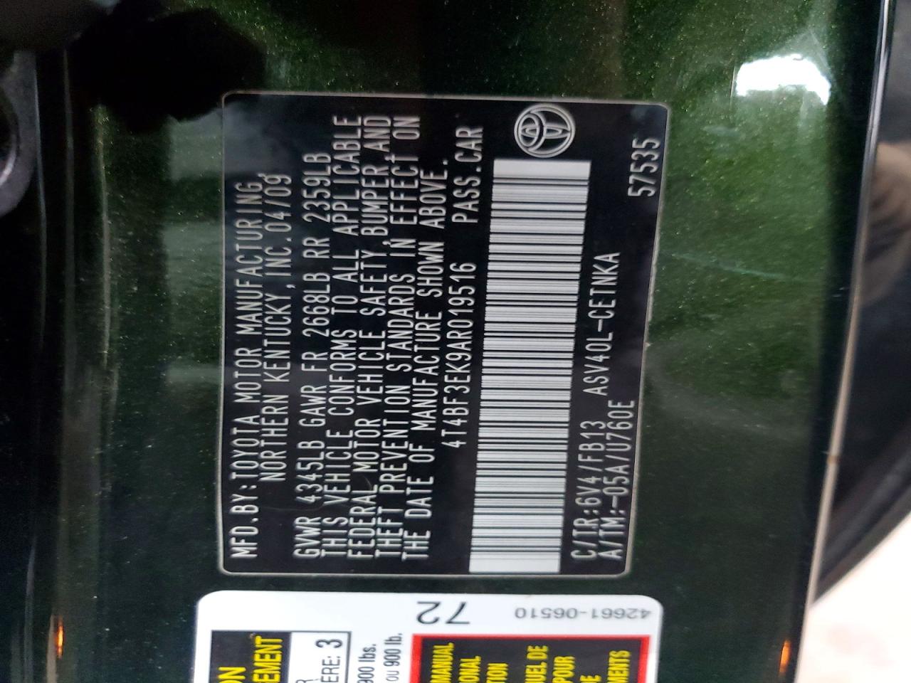 2010 TOYOTA CAMRY BASE photo 12
